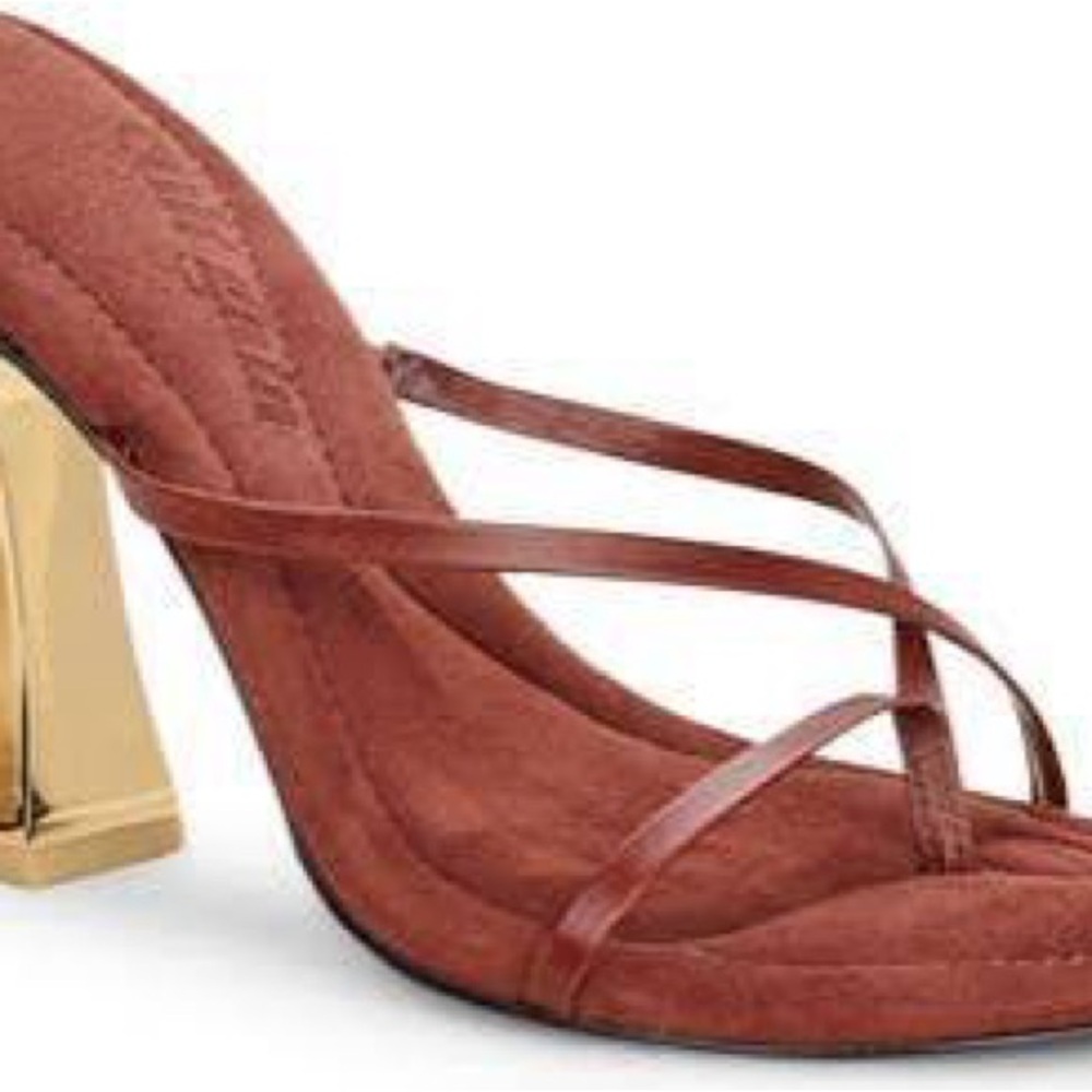 Cult Gaia Tan Heels with Gold Block Heel